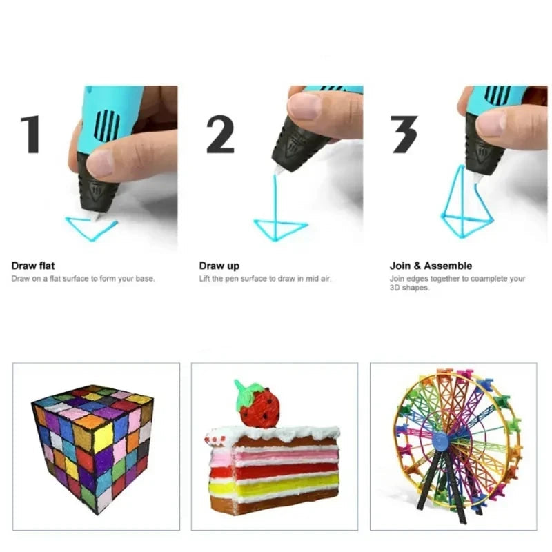 Caneta 3D Eletrônica com Filamento PLA 9M – Ferramenta Criativa para Desenho e Arte 3D Recarregável