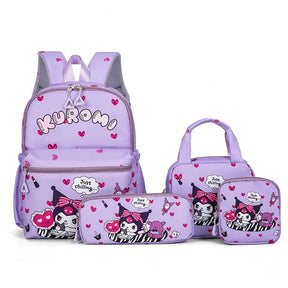 Kit 4 em 1 Kuromi & Hello Kitty – Mochila Escolar + Estojo + Bolsa Tiracolo + Carteira