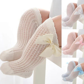 Kit 3 Pares de Meias de Verão para Bebês Meninas – Modelo “Princesinha Respirável” com Laço em Algodão e Tule