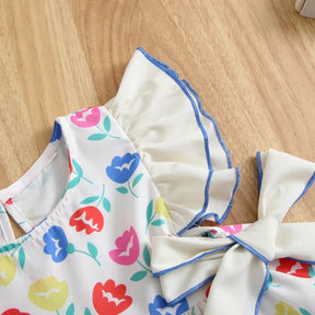 Vestido Infantil Floral Retrô com Laço e Manga Babado